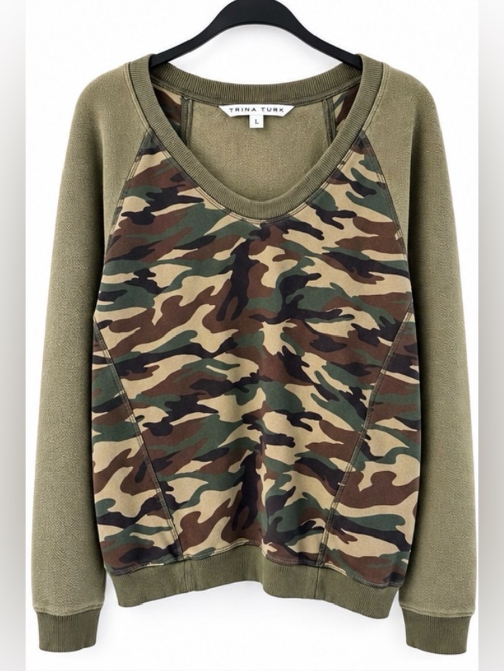 Trina Turk Camo Olive Green Raglan Sweatshirt Made in California Size L